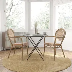 Merrick Lane Celia Set of Two Stacking Thonet Bistro Style Chair with Arms, PE Rattan Seat, and Metal Frame for Indoor/Outdoor Use White&Gray/Natural