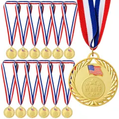 12-Pack Gold Winner Medals for All Ages, Participation Awards with American Flag, 15.5-Inch Red, White, and Blue Ribbon for Sports, Tournaments, Competitions, Heavy-Duty (Metal, 2.75 in)