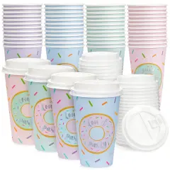 48 Pack Disposable 16oz Coffee Cups with Lids - Donut Party Supplies - Paper To Go Cup for Themed Birthday Party, Wedding, Baby Shower Multicolor