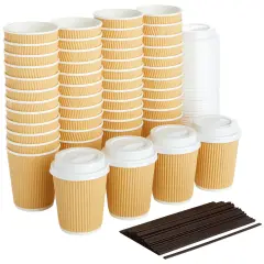 50 Pack Disposable Small Coffee Cups 8 oz, Insulated, Ripple, To Go Kraft Paper Coffee Cups with Lids and Stirring Straws Included for Hot Drinks (150 Total Pcs) Brown