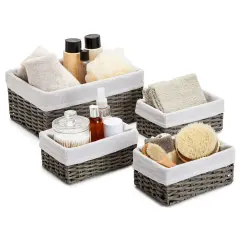 4 Pack Rectangular Wicker Storage Baskets with Liners - Small Decorative Bins for Organizing Shelves (2 Sizes, Gray) Grey