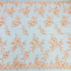 1 Yard Beaded Rhinestone 3D Floral Lace Fabric Embroidered Mesh Gown 52" Width Peach