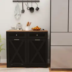 Tilt Out Wooden Trash Can Cabinet with 3 Position Adjustable Shelf and Power Outlets Black