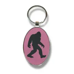 Keychain - Oval/Metal - Bigfoot Sasquatch - Leather Pink/Black
