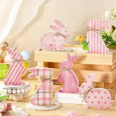 6 Pcs Easter Bunny Wooden Signs Wooden Rabbit Table Decor Pink Bunny Decoration Cute Rabbit Shaped Tabletop Centerpieces for Party Easter Gifts Home Tiered Tray Decor
