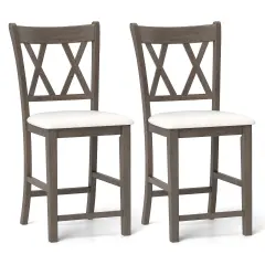 Set of 2 Bar Stools with Cross Back and Linen Fabric Upholstered Seat-Beige