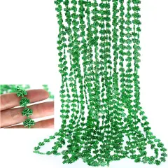12 pack of 33 St. Patricks Day Shamrock bead Necklaces, Mardi Gras Bead Necklaces, Matellic Green Shamrock Clover Bead Necklaces, Party Beads, Costume Jewelry