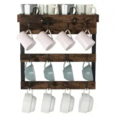 12 Hooks Wood Wall Mounted Coffee Mug Rack Storage Shelf for Kitchen Cafe Office