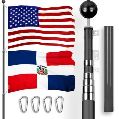 G128 Combo Pack: 20 Ft Telescoping Aluminum Flagpole (Black) & American and Dominican Republic Flags 3x5 Ft, Both ToughWeave Series Embroidered Polyester | Pole with Flags Included