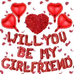 Will You Be My Girlfriend - Letter Foil Balloons Decorations 4 Pcs Red Heart Balloon and 500 Pcs Artificial Rose Petals For Proposal Wedding Valentine Day Decor Supplies