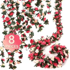 8 Pcs 65.6FT Summer Flower Garland,Rose Garland,Pink Flower Garland,Flower Garland Decorations,Flower Vines for Decoration, Wedding, Garden, Wall Decoration,Backdrop,Bedroom,Birthday Party