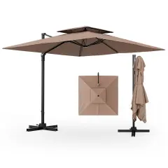 Aluminum 9.5 Feet Cantilever Patio Umbrella with 360&deg; Rotation and Double Top Coffee