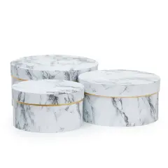Round Gift Boxes with Lids, White Marble Print Cardboard Boxes (3 Assorted Sizes)