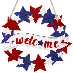 4th/Fourth of July Decorations Welcome Wreath for Front Door - Wooden Red White and Blue Star Sign, Patriotic Memorial Day Porch Home Wall Outside Decor