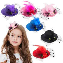 Juvale 6 Pieces Mini Tea Party Hats for Baby Girls Ages 1&ndash;11 Months, Clip-On Design - Fancy Hair Fascinators in 6 Colors, Tiny Hat Hair Clips for Infants and Little Ones (4 Inches) Multicolor