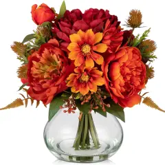 Fake Peony Flowers in Vase Fall Table Centerpiece - Orange Round Glass