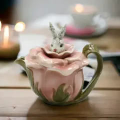 Ceramic Bunny Rabbit on a Rose Teapot, Gift for Her, Gift for Mom, Tea Party D&eacute;cor, Caf&eacute; D&eacute;cor, Spring Kitchen Decor
