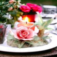 Ceramic Hummingbird with Rose Flower and Glass Cup Candle Holder, Home D&eacute;cor, Gift for Her, Gift for Mom, Birdwatcher Gift, Vintage Decor