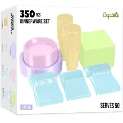 Exquisite 350 Pcs Plastic Plates for Party &ndash; Disposable Plates Set &ndash; 50 Each of 9" Dinner Plates, 7" Dessert Plates, Plastic Cups, Napkins & Plastic Cutlery &ndash; Plastic Dinnerware by Party Solids Easter