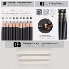 29 Pieces Sketching Pencils Set, Metal Box Packaging, Including Graphite Pencils、Charcoal Pencils、Blending Stumps and other tools for drawing (A set).