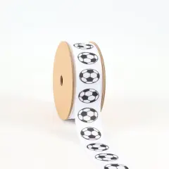 LaRibbons 1" Printed Grosgrain Ribbon | Soccer Balls on White | 25 Yard Roll
