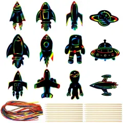 Wrapables 36pc Rainbow Scratch Arts Ornaments, DIY Magic Scratch Arts and Crafts, Outer Space