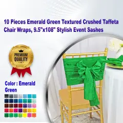 10 Pieces Emerald Green Textured Crushed Taffeta Chair Wraps, 9.5"x108" Stylish Event Sashes