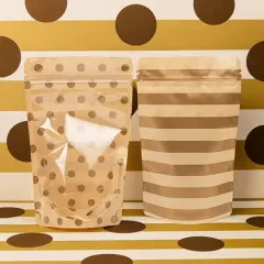 Kraft Stand Up Zipper Pouch w/ Gold Dots & Stripes 5 1/8" x 3 1/8" x 8 1/8" 25 pack ZBGSW3SDG