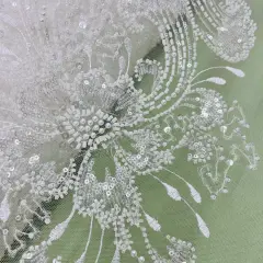 1 Yard Beaded Lace Fabric Embroidered on 100% Polyester Net Mesh, 52" Width, Premium Lace Fabrication Antique Silver