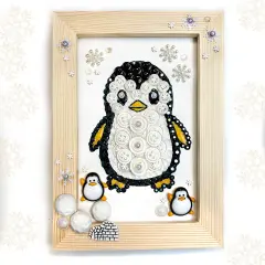 Winter Wonderland Penguin Button Art Kit, DIY Craft Frame with Snowflakes, Black and White Design, Wooden Frame, Holiday Decor