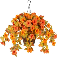 Artificial Fall Flowers with Hanging Basket, UV Resistant Faux Petunias for Outdoor and Indoor Autumn Decor
