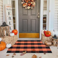 Fall Outdoor Orange and Black Plaid Rug - 28 x 43 Inches