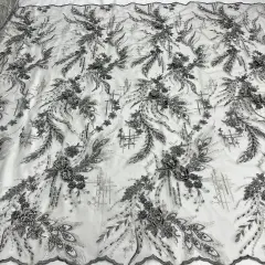 1 Yard Beaded Rhinestone 3D Floral Lace Fabric for Bridal Gowns Costumes Dresses 50" Width Grey