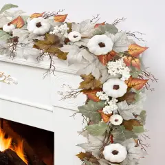 Fall Garland with Lights, White Pumpkins Berries & Maple Leaves - 1PC