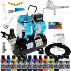 Cool Runner II Dual Fan Air Tank Compressor System with Gravity Airbrush Kit with 3 Tips, 12 Wicked Colors Acrylic Paint Artist Set, Cleaning Kit