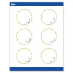 Avery Printable Round Labels, Gold Double Border with Florals, 3" Diameter, Matte White Round Labels, Permanent, Laser/Inkjet, 60ct, Great for Product Labels
