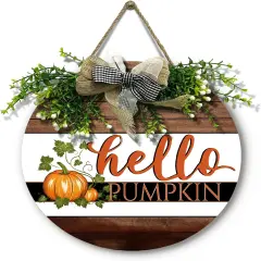 Harvest Hanging Sign With Bow and Wreath Thanksgiving Welcome Wood Sign(hello pumpkin door wreath)