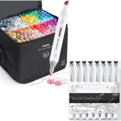 Ohuhu Oahu 160 Colors Alcohol Markers + Ohuhu 8-size Tips (Ultra-fine, Fine & Brush) Fineliner Pens
