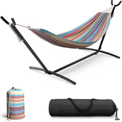 Sorbus Double Hammock With Steel Stand - Portable Carrying Case Mixed stripes