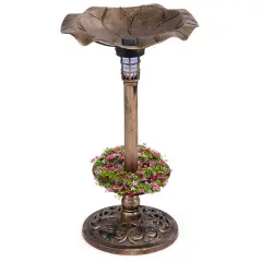Solar Bird Bath with Lotus Leaf Bowl, Planter and Weatherproof Lamp Bronze