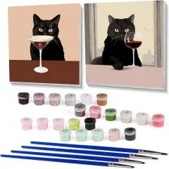 2 Pack Black Cat Paint by Number Kits for Adults and Kids, Easy Vintage Adult Paintng by Numbers with Framed, Black Cat with Wine Oil Acrylic Paint by Numbers Kits for Wall Decor 8 x 8 Inch