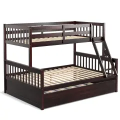 Pine Wood Twin Over Full Bunk Bed with Trundle, Guardrails and Ladder Espresso