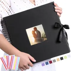 Scrapbook Photo Album with Corner Stickers DIY with Cover Photo Pocket 80 Pages Silk Ribbon Hardcover Album for Guest Book Wedding Baby Shower Christmas Black