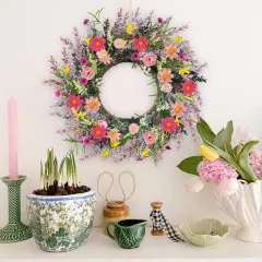 Spring Wreaths for Front Door 20 Inch Artificial Summer Wreath Daisy and Lavender Wreath Wildflowers Wreath for Home Wall Farmhouse Springtime Easter Holiday Party Decor