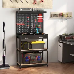 Freestanding Tool Storage Workbench with Pegboard with 14 Hanging Accessories and 2 Drawers Black and Red