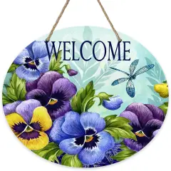 Welcome Spring Summer Floral Flower Sign for Front Door Decor, Pansy Dragonfly Wood Door Hanger for Outdoor Outside Porch, Seasonal Vintage Wooden Wreath Indoor Wall Hanging Decoration