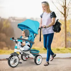 5-in-1 Detachable Baby Stroller Tricycle with Adjustable Sun Protection and Foldable Footrests Blue