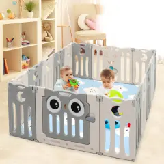 16-Panel Baby Activity Center Play Yard with Lock Door and Non-Slip Silicone Base Beige