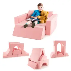 Suede Fabric Kids Modular Play Sofa and 8-Piece Play Couch with Soft Foam Pink