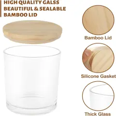 12 Pack 10 OZ Clear Glass Candle Jars, Glass Candle Making Jars with Bamboo Lids, Empty Clear Glass Candle Jars, Bulk Candle Containers for Making Candles - Dishwasher Safe